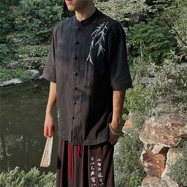 现货新中式男士大码立领盘扣棉麻衬衫MT2308-P65,男装衬衫,电商A021