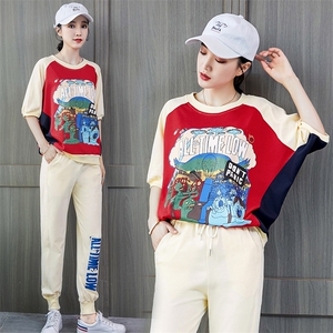 2020新款韩版夏季卡通图案原宿短袖T恤女配休闲运动服图片