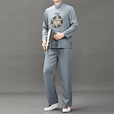 中老年唐装爸爸春装长袖风棉麻套装爷爷老人复古绣花太极服，男装休闲套装，钱塘6003B