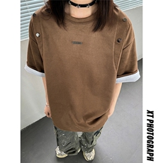 24夏季新款设计感美式高街麂皮绒情侣短袖上衣男女中性D244P38，男装T恤，电商A335-1（原A458）