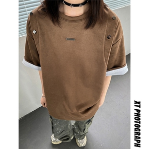 24夏季新款 设计感美式高街麂皮绒情侣短袖上衣男女中性 D244 P38图片