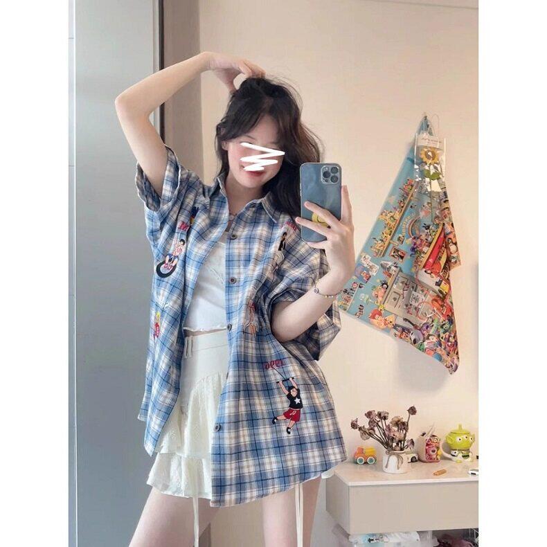 复古格子短袖衬衫女cleanfit刺绣小众设计感夏季百搭衬衣CN621,男装T恤,星座1116A（原606A-3）