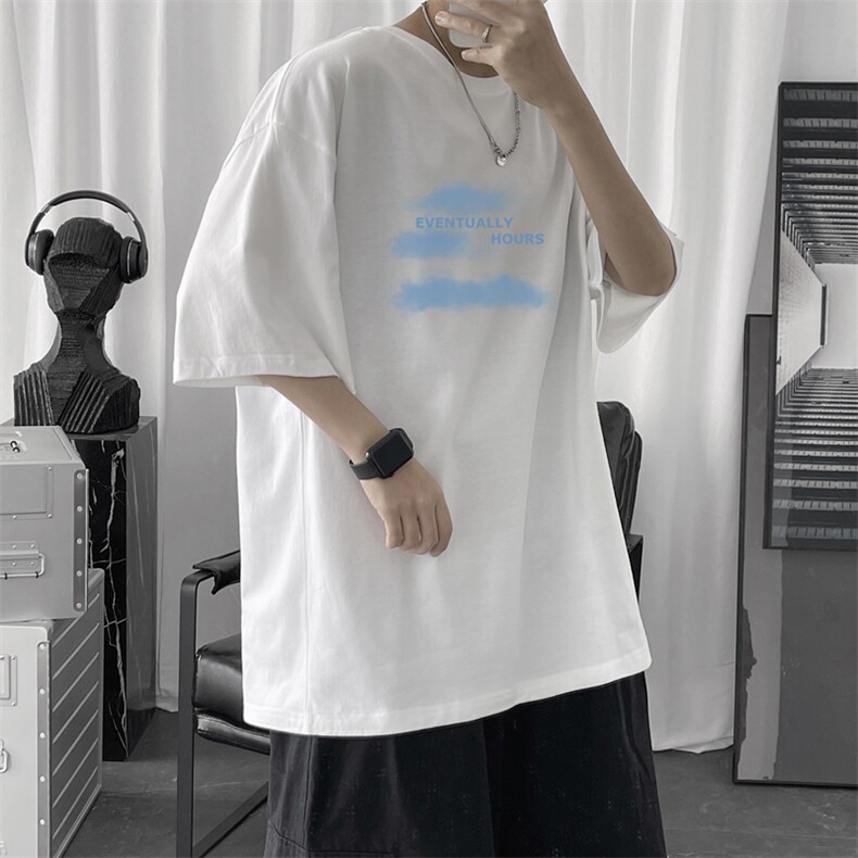 T106P20短句风云朵印花短袖学生休闲宽松纯棉情侣装T恤港风,男装T恤,电商A026-1