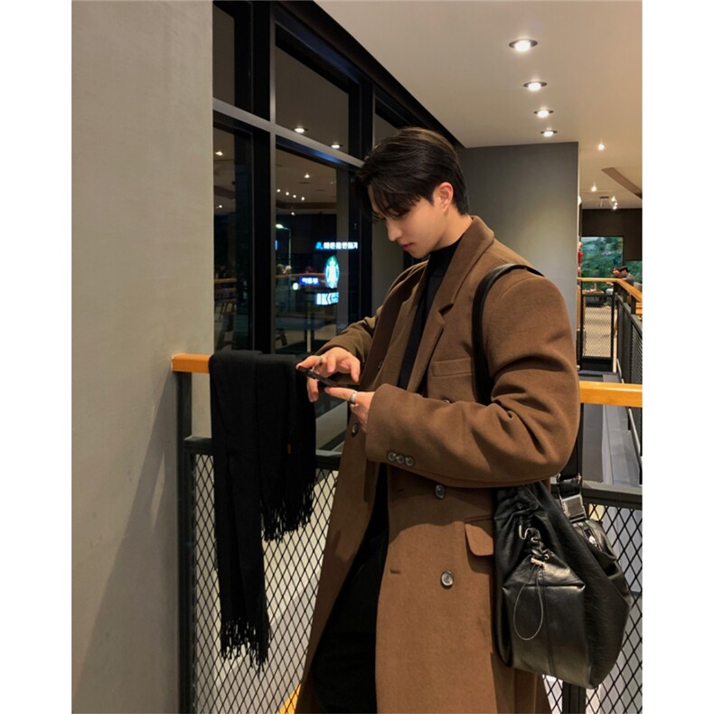 新款韩版毛呢大衣男士高级感中长款过膝秋冬季加厚呢子外套英伦风,男装毛呢大衣,星座710