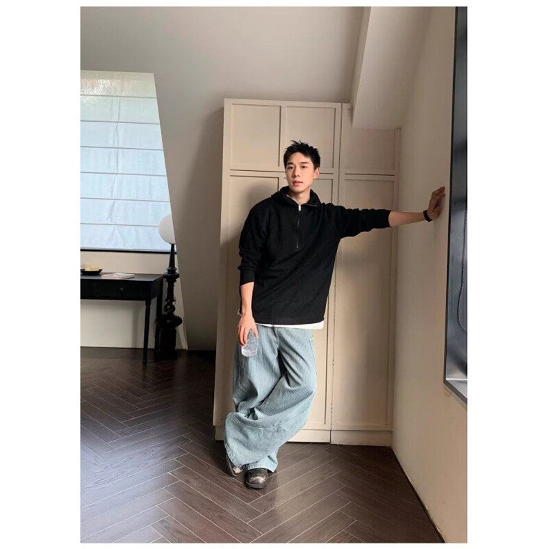 宽松型青少年直筒常规秋冬竖条纹明线牛仔裤男女长裤纯色夏季中腰,男装牛仔裤,星座506A