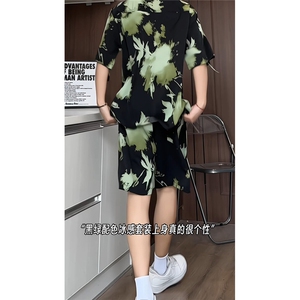 短袖衬衫男+短裤男潮流休闲套装男M-5XL大码TZ78710P50控98模特图图片