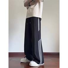 GENIOLAMODE冰丝条纹裤子男士夏季薄款青少年宽松休闲直筒阔腿裤，男装休闲裤，星座506A