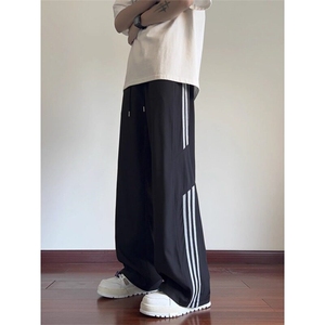 GENIOLAMODE冰丝条纹裤子男士夏季薄款青少年宽松休闲直筒阔腿裤图片