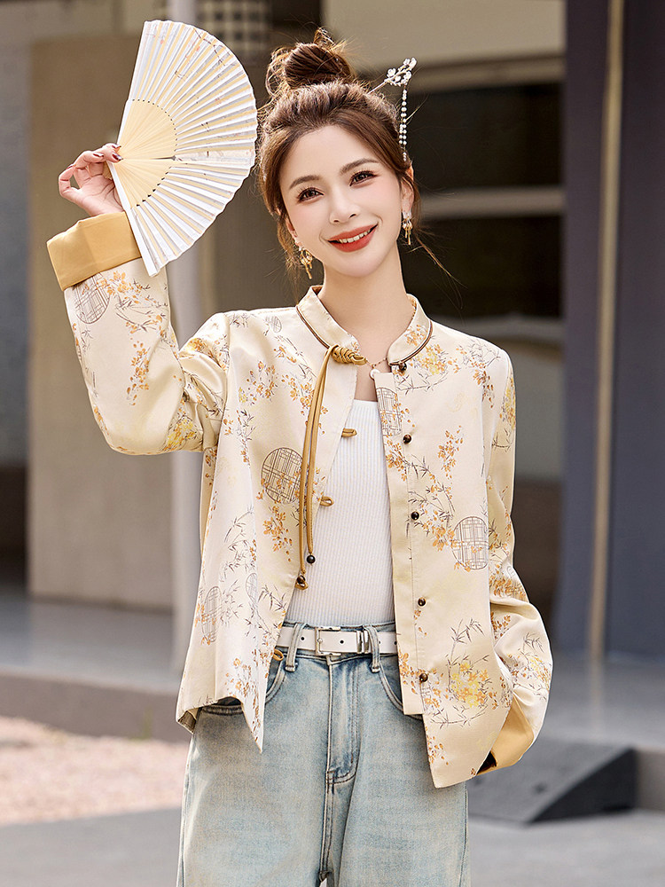 新中式国风印花短外套女2025春秋新款提花盘扣改良年轻款唐装上衣,女装短外套,伊仟回