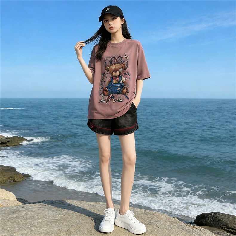欧货休闲时尚运动套装女夏新款圆领短袖小熊上衣宽松短裤两件套潮,女装套装/套裙,江南