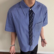 黄金搭配领带老钱风短袖衬衫男女夏季休闲宽松千鸟格衬衣CS2270，男装T恤，星座208-5