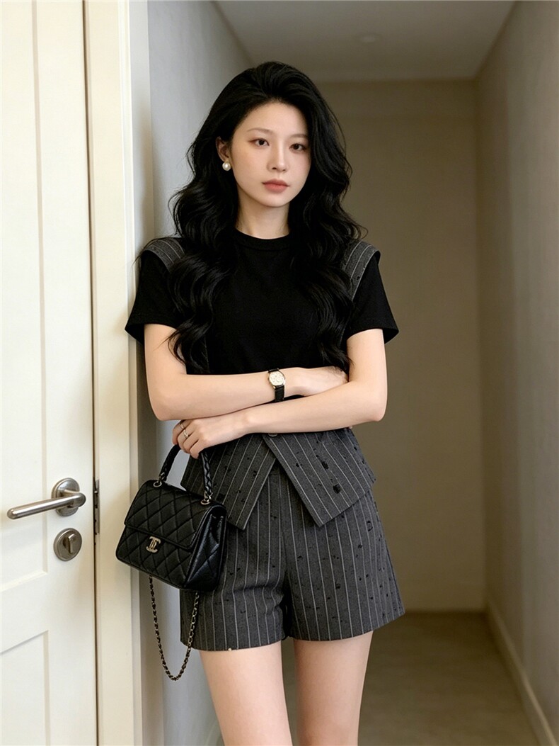 夏季新款简约时尚气质套装高端撞色拼接假两件女短袖短裤两件套潮,女装套装/套裙,江南