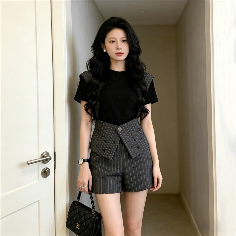 夏季新款简约时尚气质套装高端撞色拼接假两件女短袖短裤两件套潮,女装套装/套裙,江南
