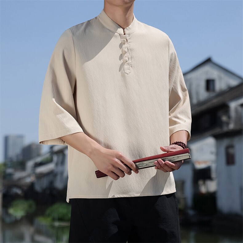 2025新款夏季风纯色立领上衣盘扣休闲T恤宽松潮流男T2505-P45,男装T恤,电商A008