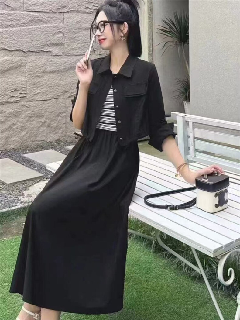 2025韩版休闲条纹吊带连衣裙两件套,女装连衣裙,雪兔电商全品类