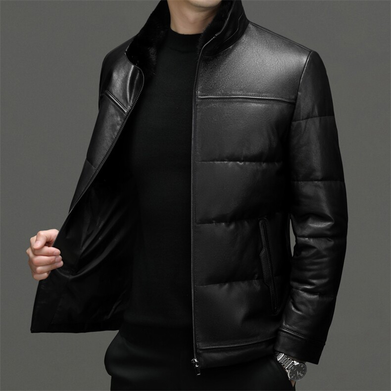 海宁真皮羽绒服男鹅绒服水貂毛领加厚皮衣植鞣绵羊皮外套P1350图片