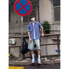 蓝色格子短袖衬衫女男夏季2025新款设计感小众宽松港风穿搭休闲，男装衬衫，星座506A