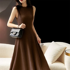 气质温柔时尚百搭显瘦纯毛抽条无袖连衣长裙，女装连衣裙，唯若美羊绒