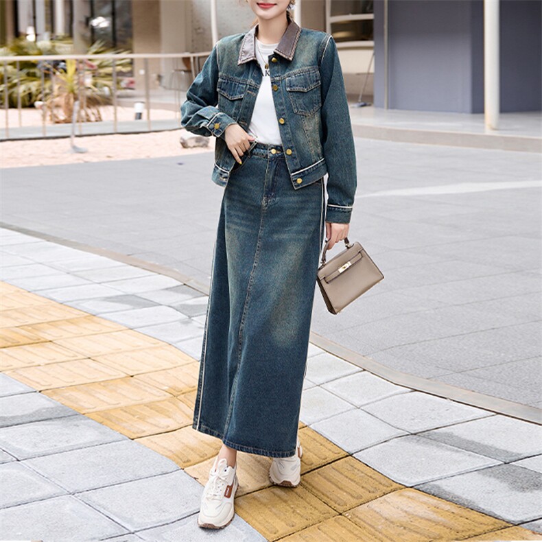 潮牌复古时尚牛仔套装女2024春秋新款洋气炸街短外套阔腿裤两件套,女装套装/套裙,美拉德工厂直营店