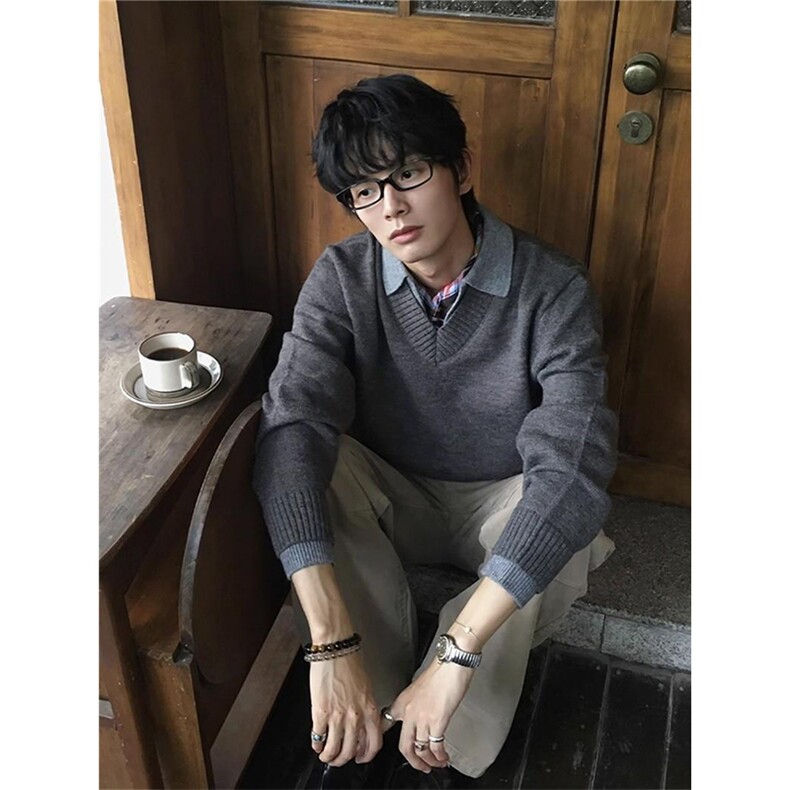 重磅北极绒假两件衬衫领毛衣美式高街复古休闲慵懒纯色翻领针织衫,男装针织衫/毛衣,电商A486