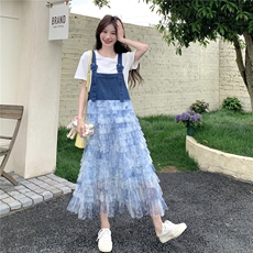 网纱拼接蛋糕牛仔背带连衣裙套装女夏2025新款气质感独特漂亮裙子，女装套装/套裙，2C115