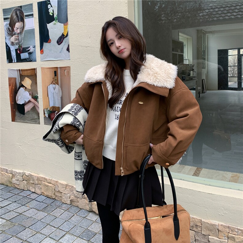 翻领麂皮绒短外套女加厚2025冬季新款小个子毛领保暖夹克皮毛一体,女装短外套,慧尚依恋
