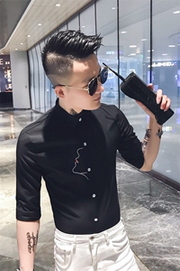707-P50  2021夏季纯色中袖衬衫社会小伙英伦衬衣潮图片