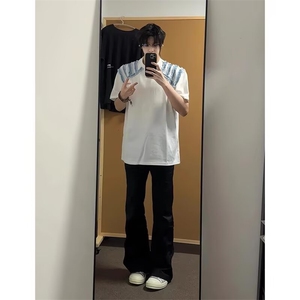 新款时尚慵懒原宿潮流毛边牛仔拼接垫肩t恤男夏季GTX84图片