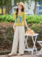 时尚套装女装2025夏季新款短袖上衣阔腿裤妈妈休闲穿搭减龄两件套，女装套装/套裙，依万里