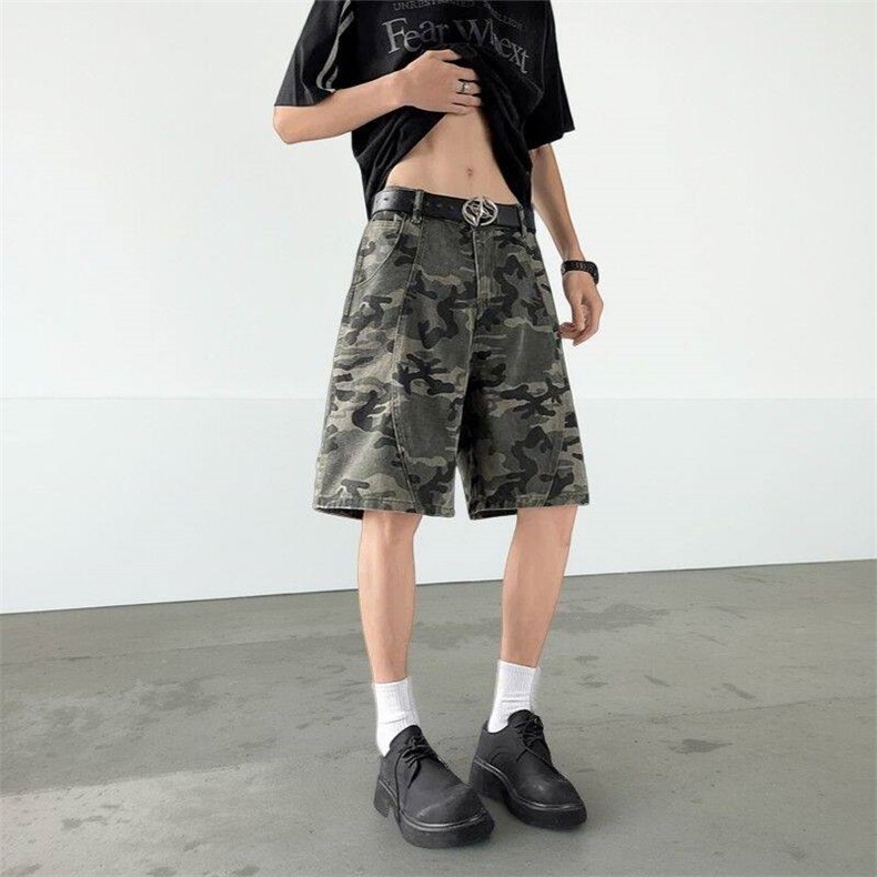 情侣复古迷彩工装短裤男款夏季解构风高街五分裤子潮牌休闲运动裤，男装牛仔裤，电商A306-2