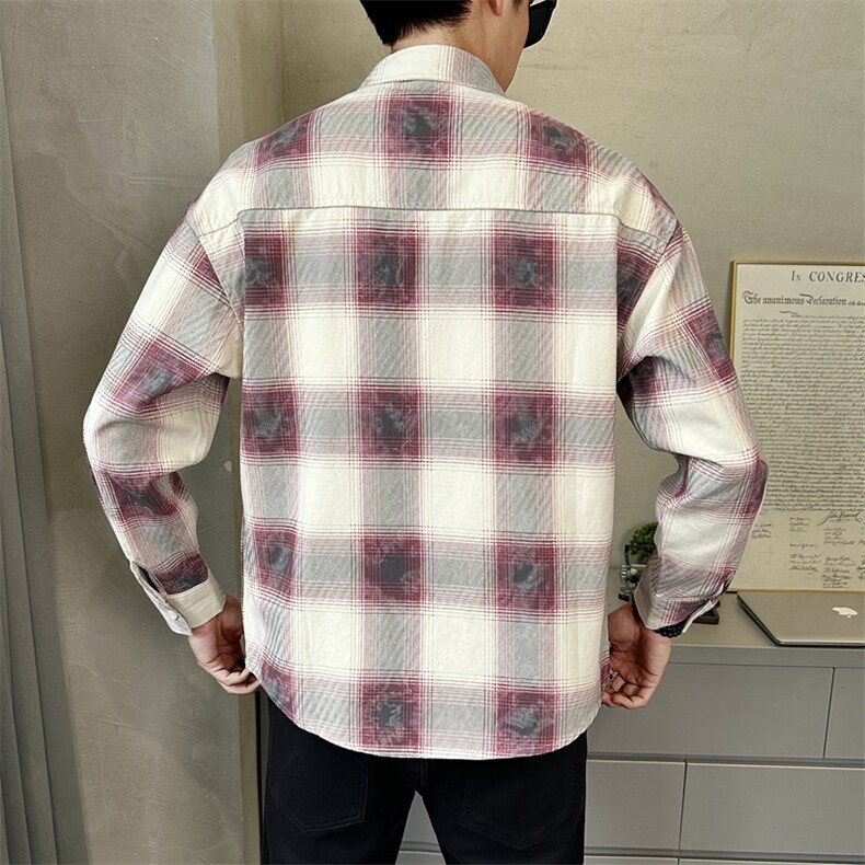 春季新款复古格子衬衫男长袖宽松休闲衬衣外套潮C3366-P88,男装衬衫,电商A237