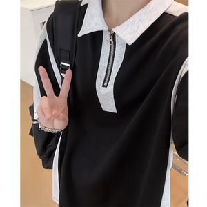 网图 半拉链撞色拼接夏季潮男休闲短袖男女同款宽松T恤T2225-P38图片