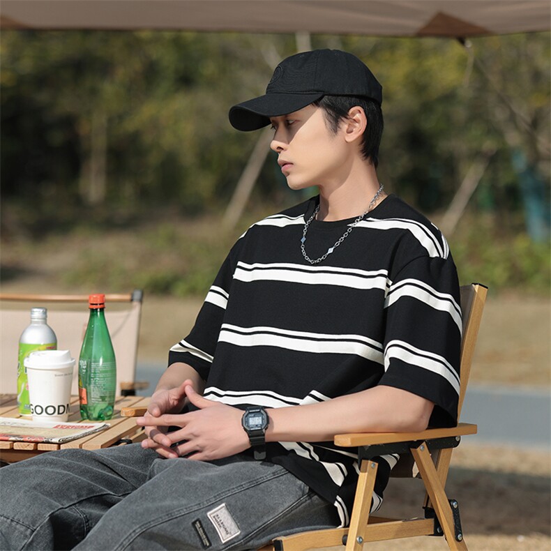 夏季新圆领条纹T恤衫男士半袖日系潮牌男装宽松短袖t恤TX170-P45，男装T恤，星座1109-1