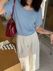 2025年春夏季显瘦气质韩版U型领短袖针织衫女百搭上衣，女装针织衫/毛衣，圣旺供货