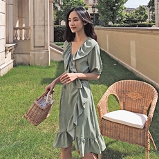 简约个性拼色中长款短袖连衣裙2021年夏季时尚潮流舒适，女装连衣裙，寒都衣屋