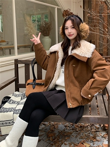翻领麂皮绒短外套女加厚2025冬季新款小个子毛领保暖夹克皮毛一体图片