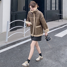 美拉德皮毛一体羊羔毛外套女冬2024新款加绒加厚机车服麂皮绒夹克，女装短外套，2C085