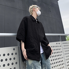 褶皱纹理解构拉链翻领黑色cleanfit短袖衬衫男高级感休闲上衣男潮，男装衬衫，星座505-2（原电商A260-1)