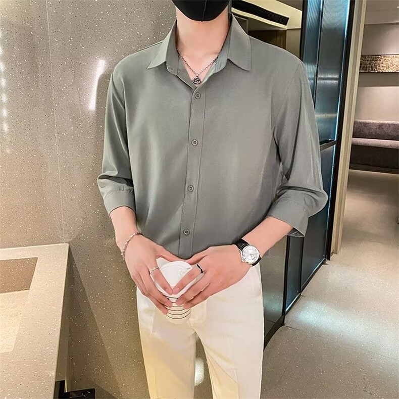 2024夏季衬衫男薄款修身冰丝短袖青年纯色春秋七分袖衬衣男Y50,男装衬衫,星座1116A-2（原606A-1）