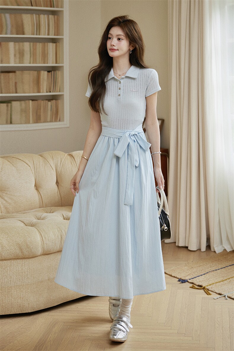 法式复古蓝色连衣裙女2025夏季新款绝美小众设计感收腰显瘦长裙子,女装连衣裙,艾米