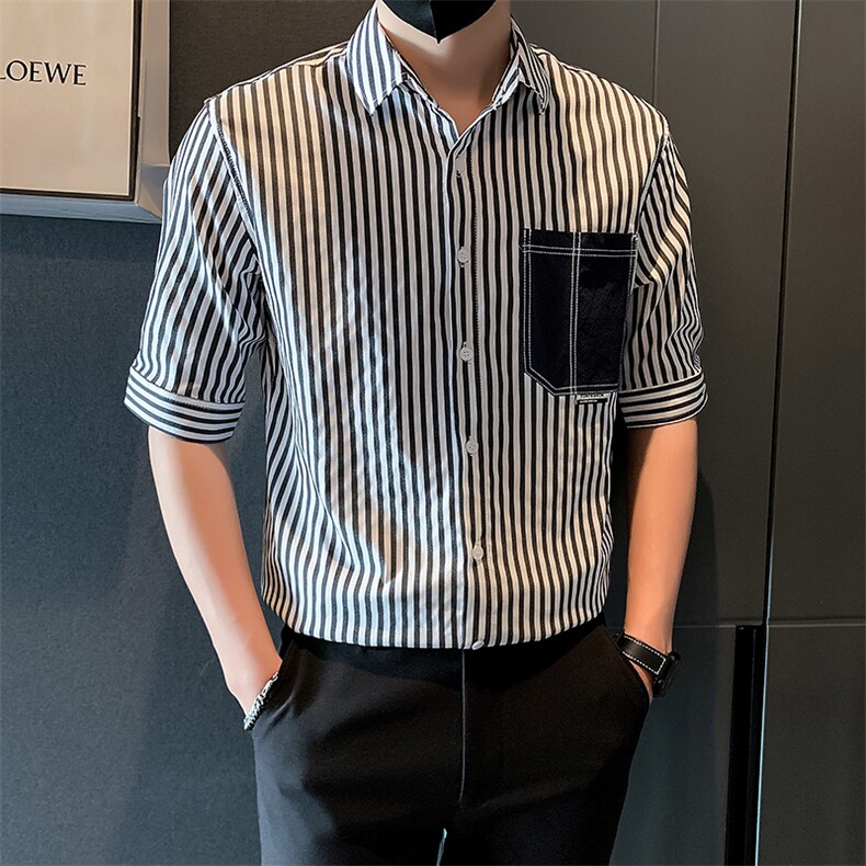 2025新款夏季衬衫男短袖潮牌帅气条纹中袖衬衣A313-1-W402-P58,男装T恤,电商A313-1