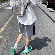 男士条纹拼接短裤夏季潮牌休闲宽松直筒运动五分裤，男装牛仔裤，星座410-7