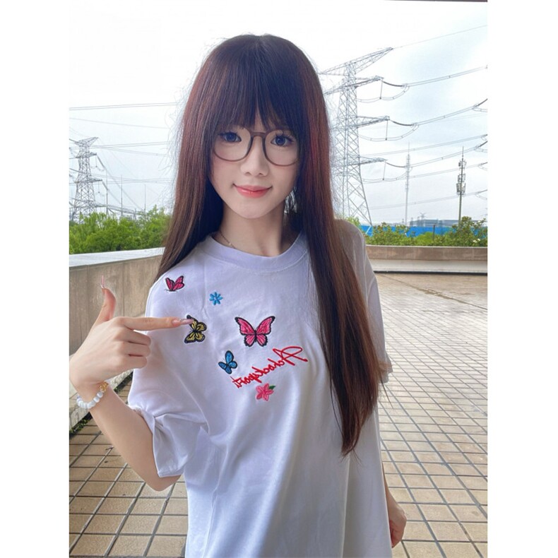 美式高街蝴蝶字母刺绣短袖t恤女夏季宽松高级情侣款潮牌纯棉上衣,男装T恤,四季星座505