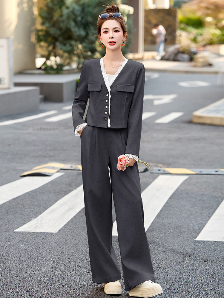 小香风西装套装女2025开春新款韩系高级松弛感职业气质阔腿裤穿搭,女装套装/套裙,沁沁公主