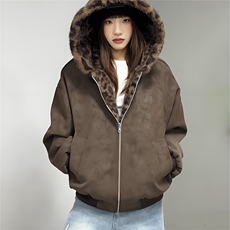 棕色双面穿豹纹连帽棉服男女冬季加绒加厚座山雕外套PU皮三防保暖，男装棉衣，星座506A