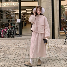 浪漫温柔风淡粉色套装女2025冬季刺绣蝴蝶结夹棉外套半身裙两件套，女装棉衣/棉服，2B218