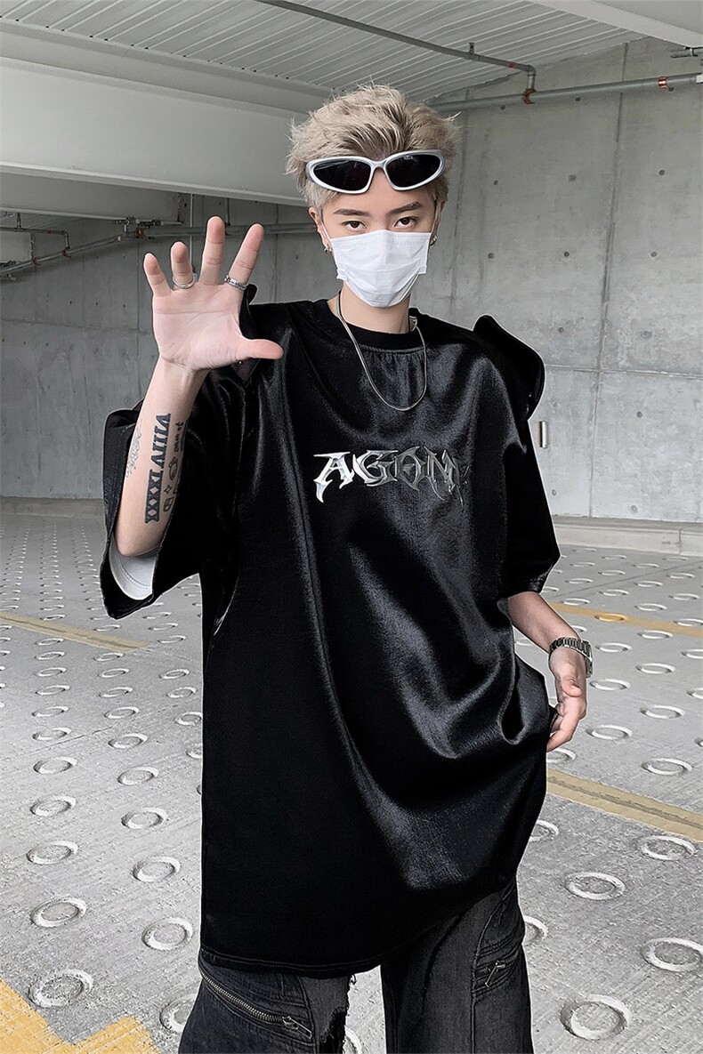小众解构拼接亮面垫肩短袖t恤24夏设计感上衣XZ514-2-202410-P68,男装T恤,星座514-2(原B239)