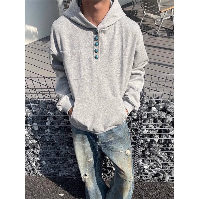绿松石纽扣美式覆古连帽口袋百搭420G宽松套头重磅卫衣WY05,男装卫衣,星座516A