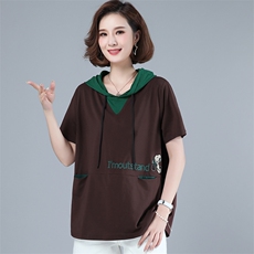 短袖T恤女2024夏装新款上衣连帽休闲抽绳字母印花气质显瘦，女装T恤，梦芯尔