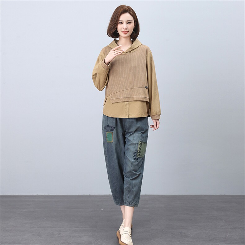 时尚休闲女装套装 宽松显瘦长袖上衣+牛仔裤两件套 舒适百搭日常穿搭图片